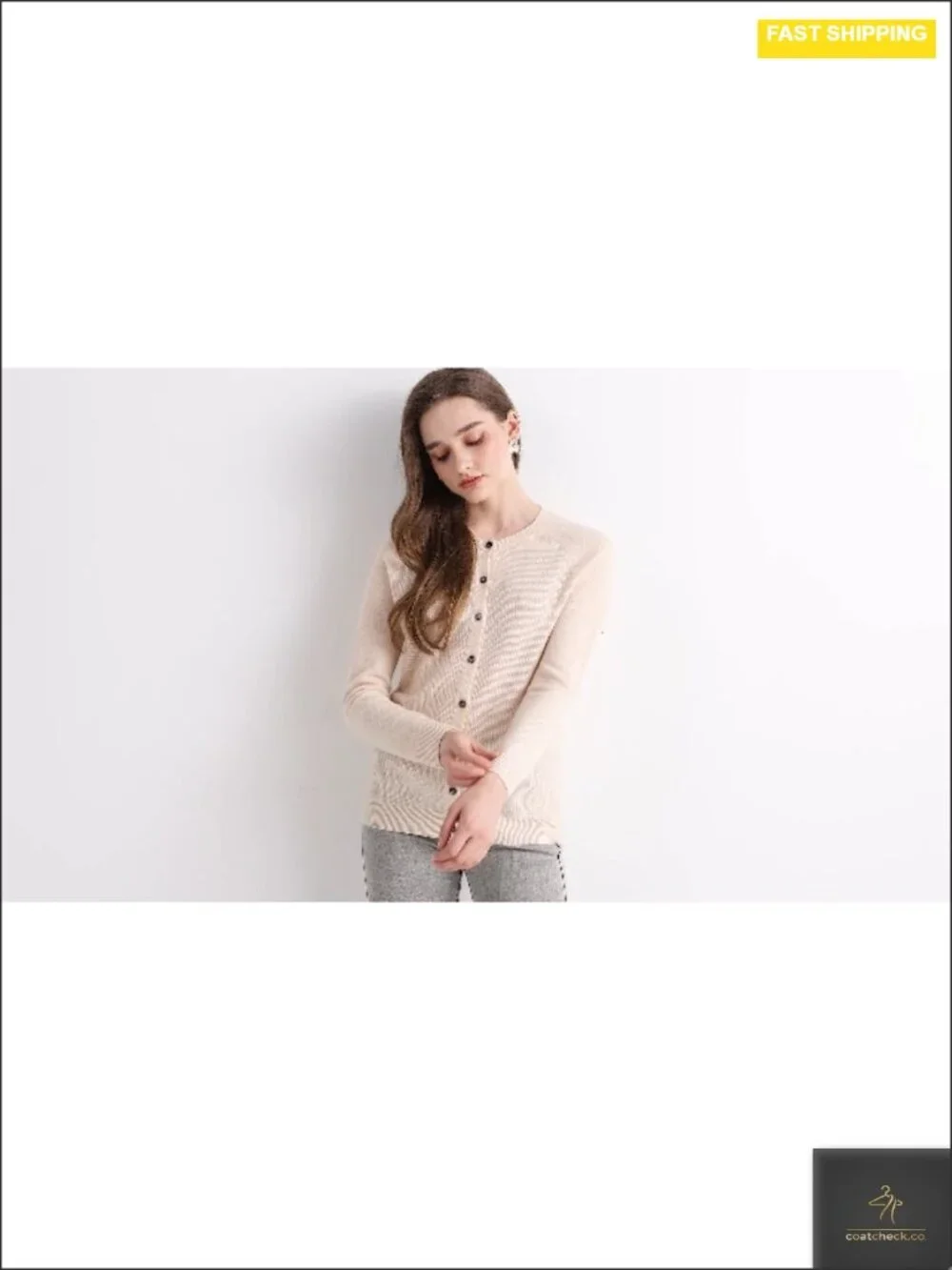 100% Merino Wool Crewneck Cardigan Sweater Long Sleeve Seamless Knit